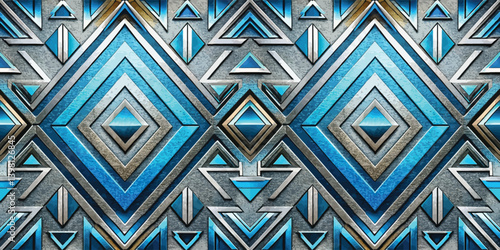 Geometric patterns in shades of blue, silver, and gold with a modern artistic flair.