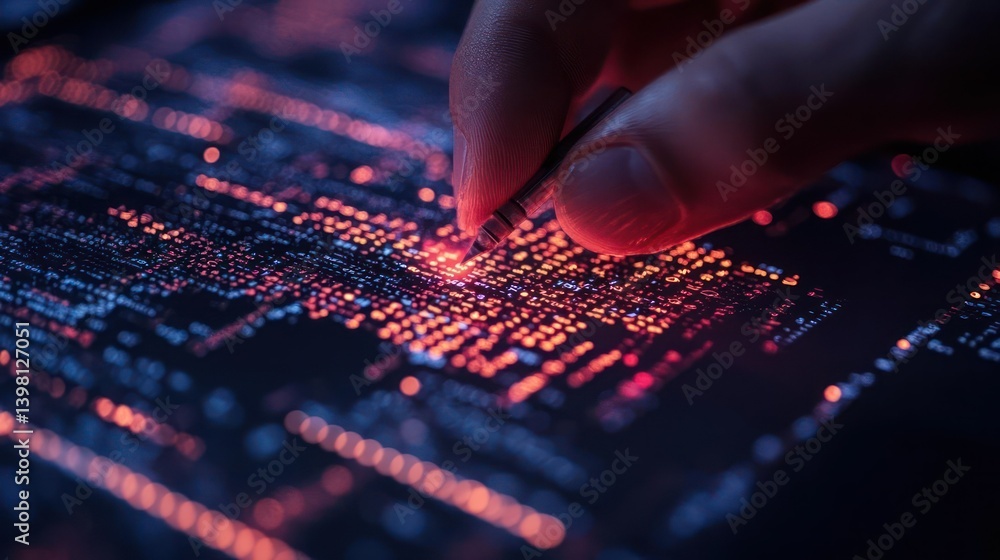 Close-up of hand editing code on a glowing screen Close-up of hand editing code on a glowing screen