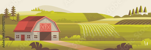Vector icons of rural landscape with red-roofed barn, fenced fields, and rolling hills