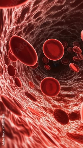Visualization of blood flow in human bloodstream with red blood cells circulating within the vessel