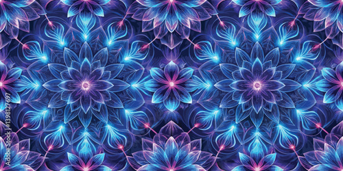 Vibrant floral pattern with intricate blue and pink designs radiating in harmony.