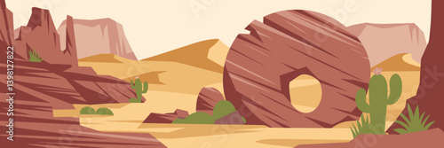 Desert canyon vector illustration with cacti, rock formations, and dunes