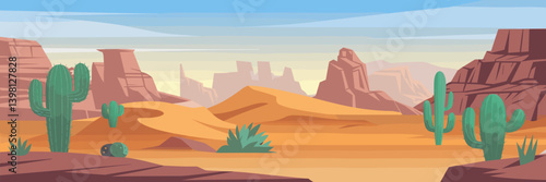 Desert scene illustration with cacti, rocks, and sand dunes – Great for environment-focused designs, travel content, or educational use
