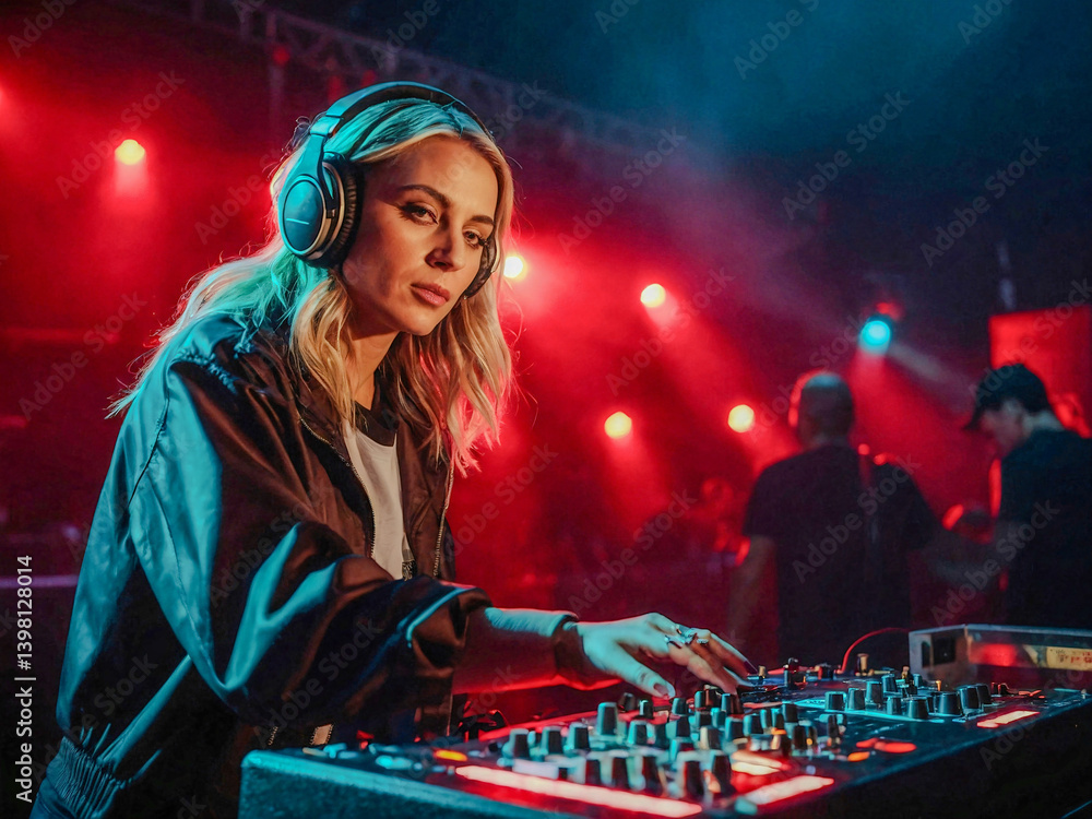 Female DJ mixing music with red lighting at a concert.