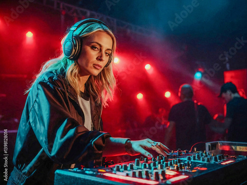 Obraz na płótnie Female DJ mixing music with red lighting at a concert. w salonie