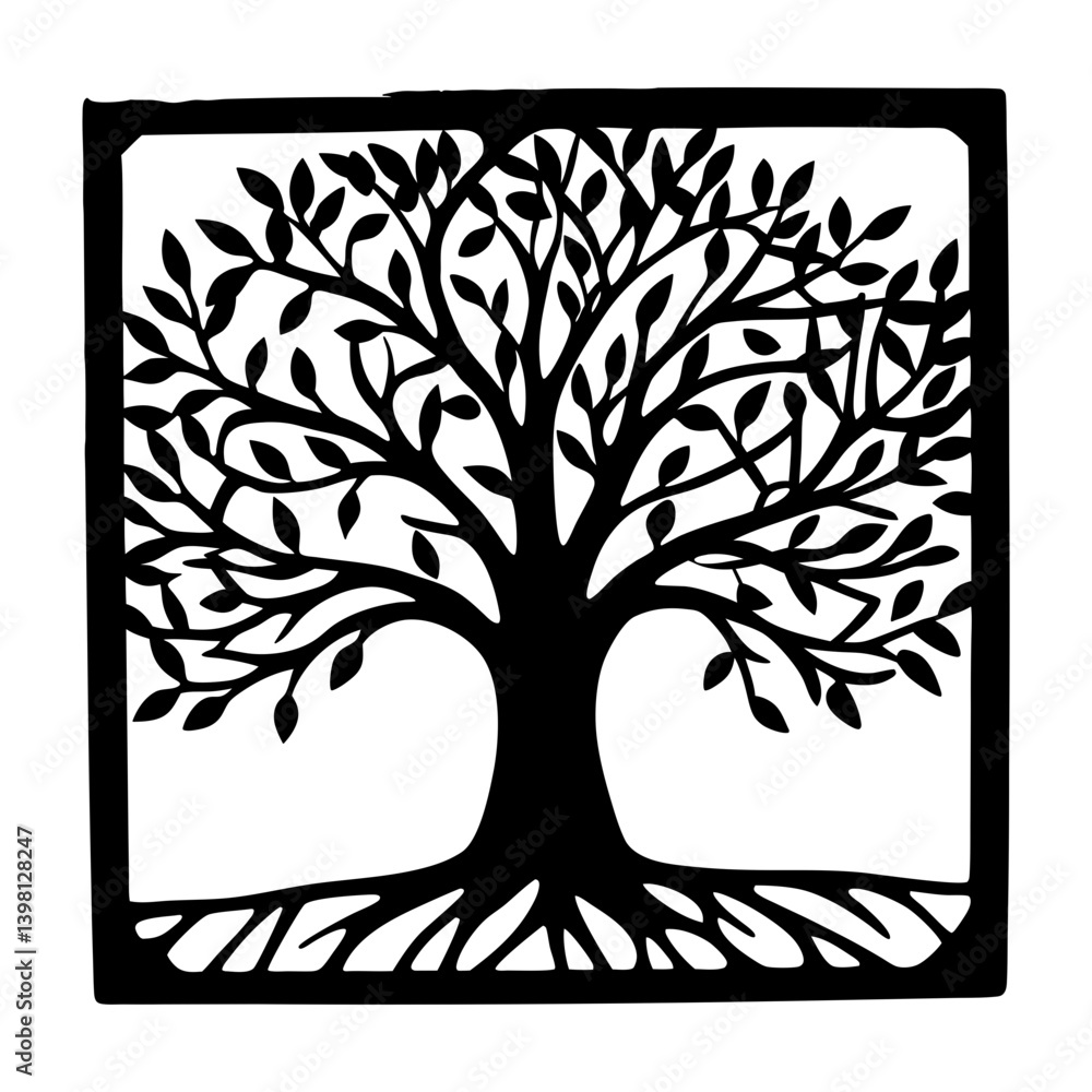 Obraz premium A Black and White Illustration of a Tree of Life within a Square Frame