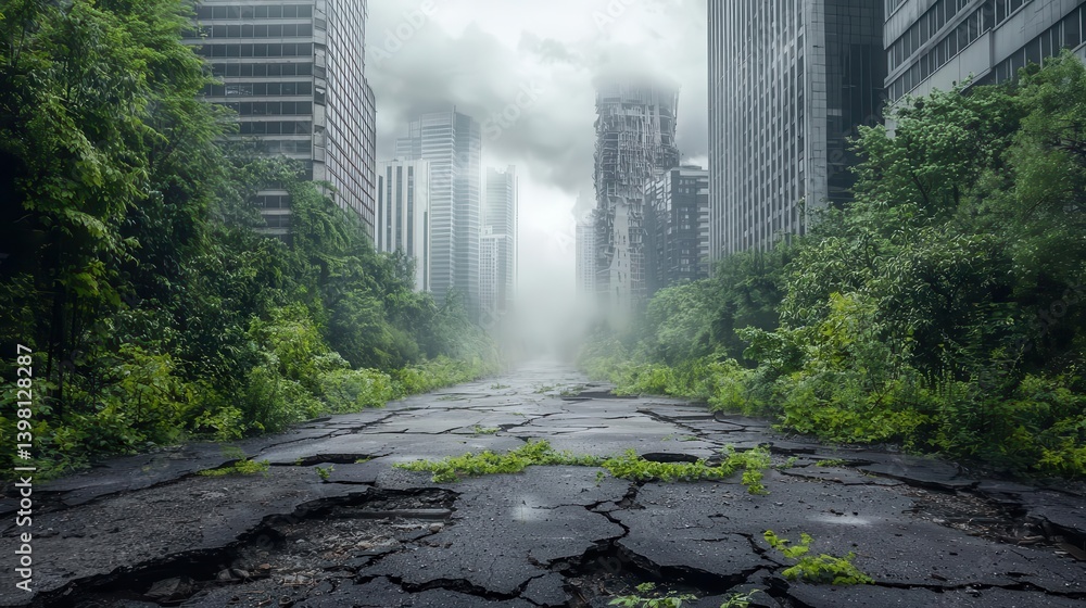 Fototapeta premium Abandoned city overtaken by nature, vines covering skyscrapers, mist rising from cracked roads and broken bridges