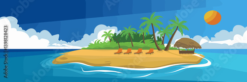 Tropical island vector with sandy beach, coconut palms, and thatched hut