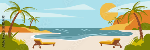 Tropical island beach scene with palm trees and sun loungers – Ideal for travel ads, summer promotions, or beach resort branding.