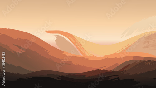 Black dark brown copper sepia red orange gold yellow beige wavy abstract background. Color gradient ombre. Rough grain grainy noise. Geometric. Wave curve line. Bright shimmer light. 