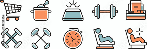 Vector icons of shopping cart, cooking pot, dumbbell, and lounge chair – Suitable for lifestyle branding, home activity graphics, or daily routine concepts
