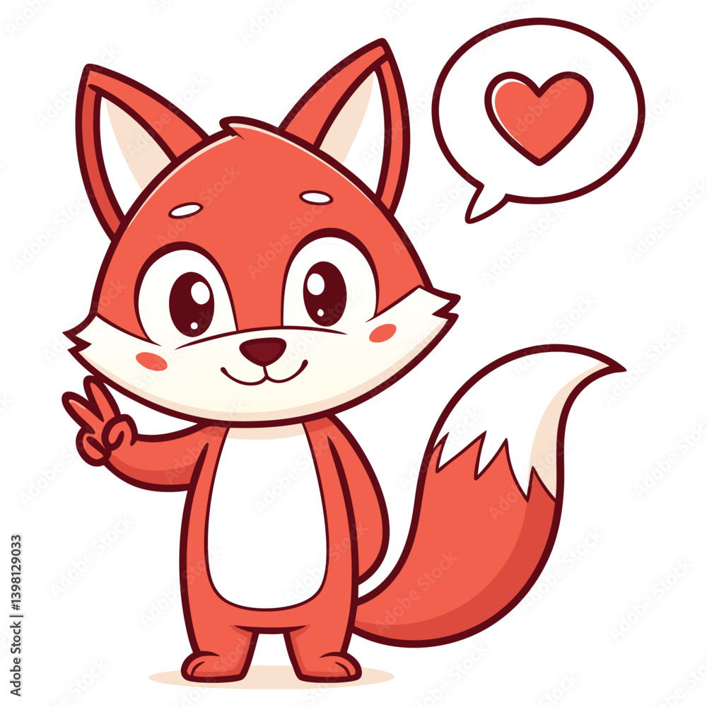 Joyful Cartoon Fox Mascot with Peace Sign and Heart Speech Bubble on White Background Joyful Cartoon Fox Mascot with Peace Sign and Heart Speech Bubble on White Background
