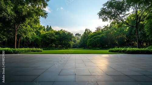 Serene Park Pathway Sunlit Plaza  Lush Greenery.
