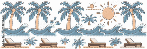 Icon set of tropical beach with sun, palm trees, waves, and sun loungers