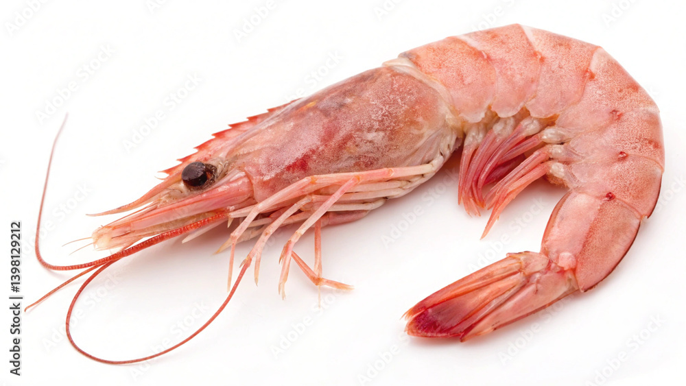 A raw shrimp, exhibiting its natural pinkish-orange coloration and detailed anatomy, is presented in a close-up view on a white background. A raw shrimp, exhibiting its natural pinkish-orange coloration and detailed anatomy, is presented in a close-up view on a white background.