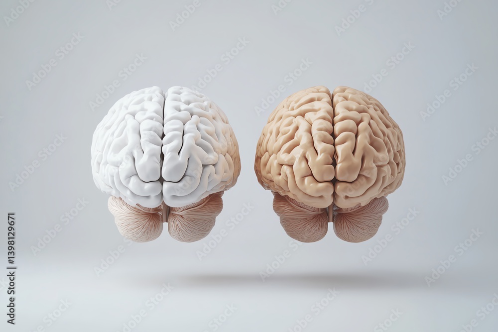 Comparison of healthy and damaged brain anatomy, medical contrast, 3D illustration Comparison of healthy and damaged brain anatomy, medical contrast, 3D illustration