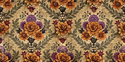 Ornate floral pattern featuring vibrant hues of orange, purple, and green
