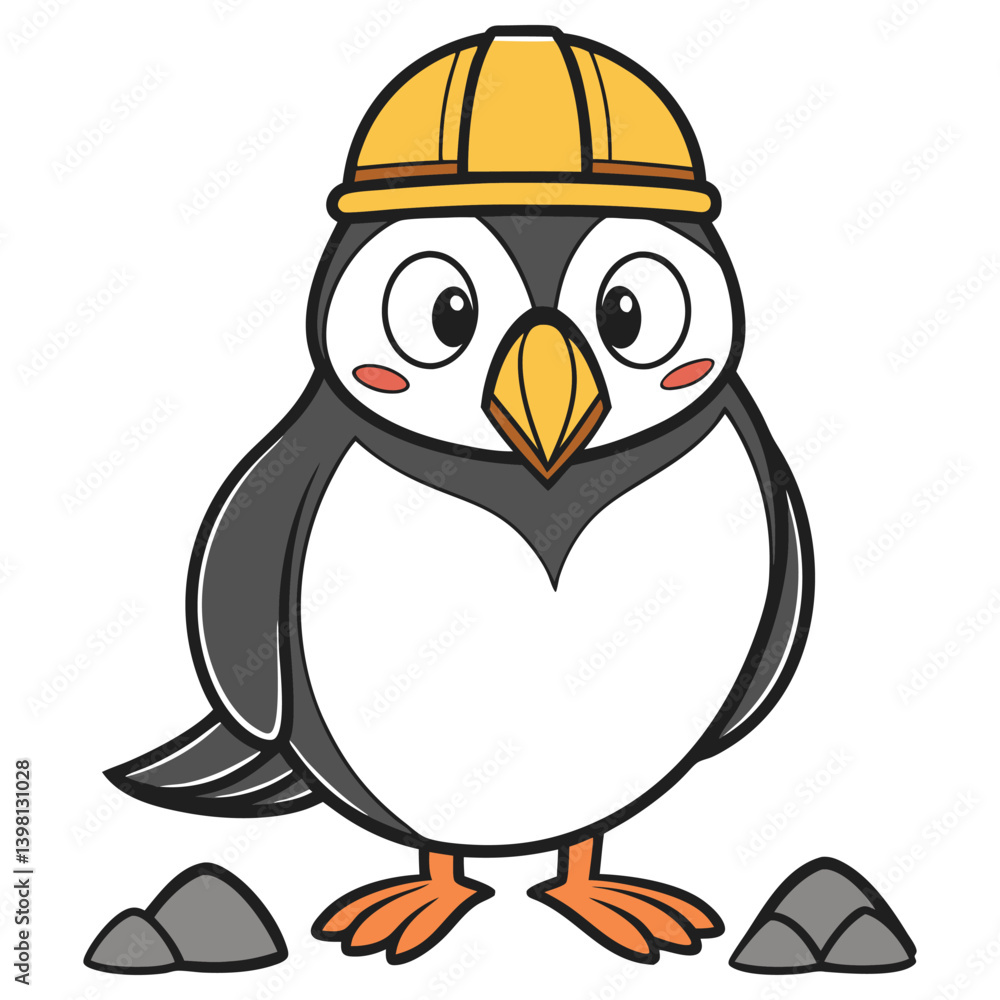 Obraz premium Cartoon Atlantic Puffin with Construction Helmet Near Rocks on Transparent Background
