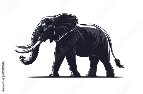 Walking African elephant silhouette, safari background, logo design