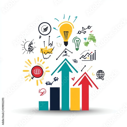 Graphic of upward arrows with icons for skills, growth, and success