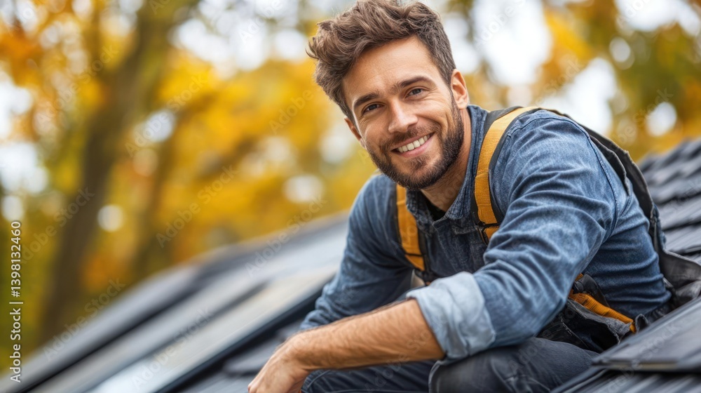 Smiling worker sits on a rooftop Smiling worker sits on a rooftop