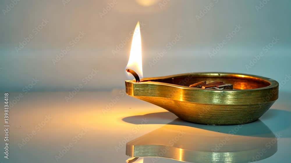 Elegant bronze oil lamp emitting a warm glow, creating a soft reflection on the reflective surface, conveying peace and serenity.