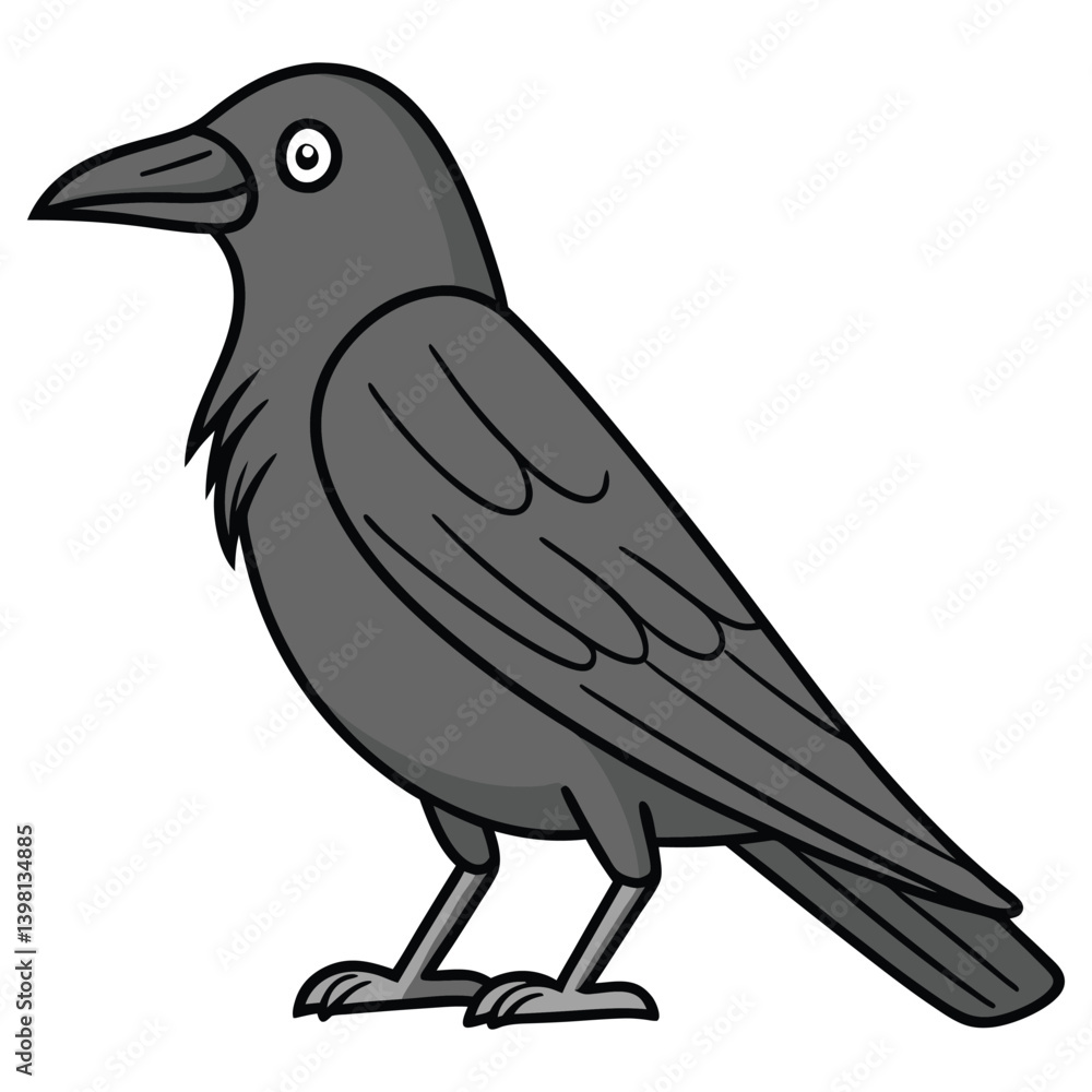 Fototapeta premium Cartoon Crow Illustration, Standing Gray Bird with Bold Black Outline