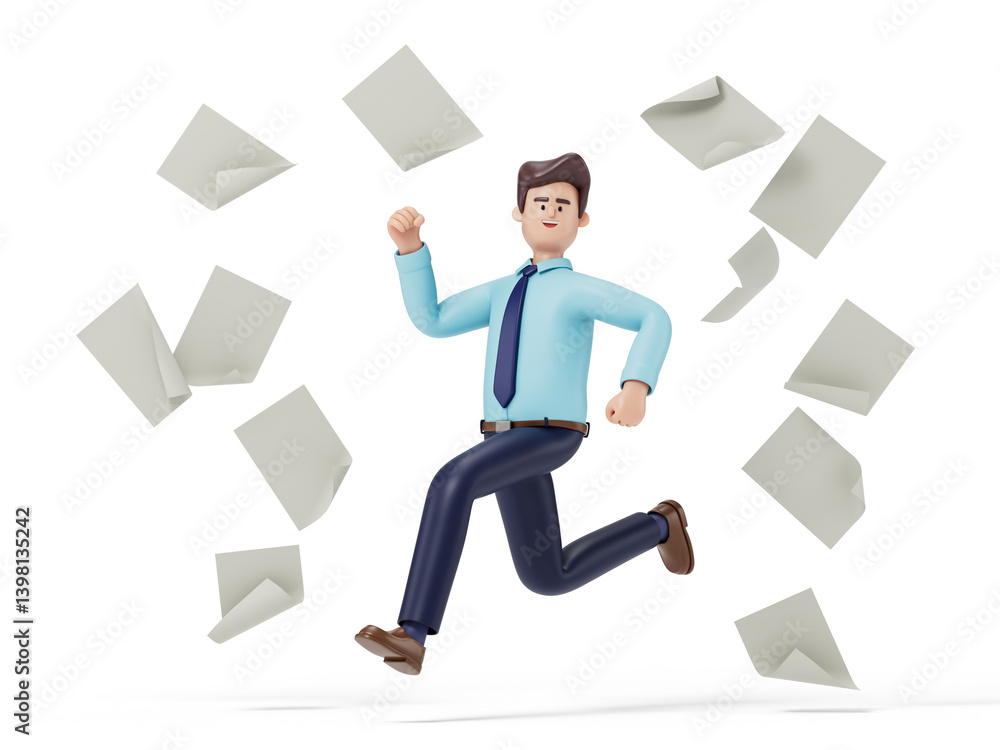 Man running amidst flying papers, symbolizing busy work or information overload. 3D rendering, conceptual image. Isolated on white background. Man running amidst flying papers, symbolizing busy work or information overload. 3D rendering, conceptual image. Isolated on white background.