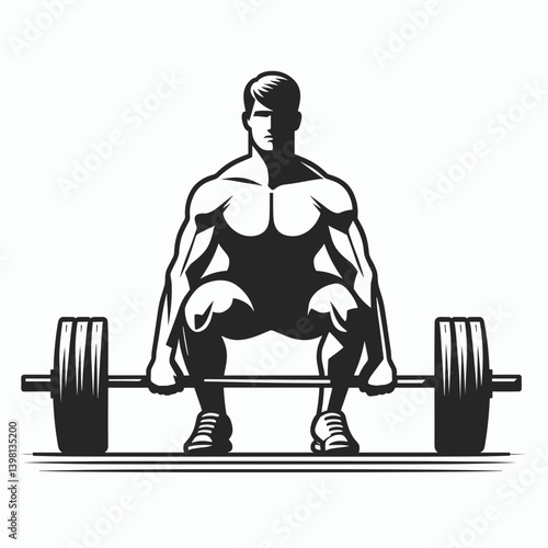 Minimalistic deadlift stance illustration in black and white line art style with strong muscular detail