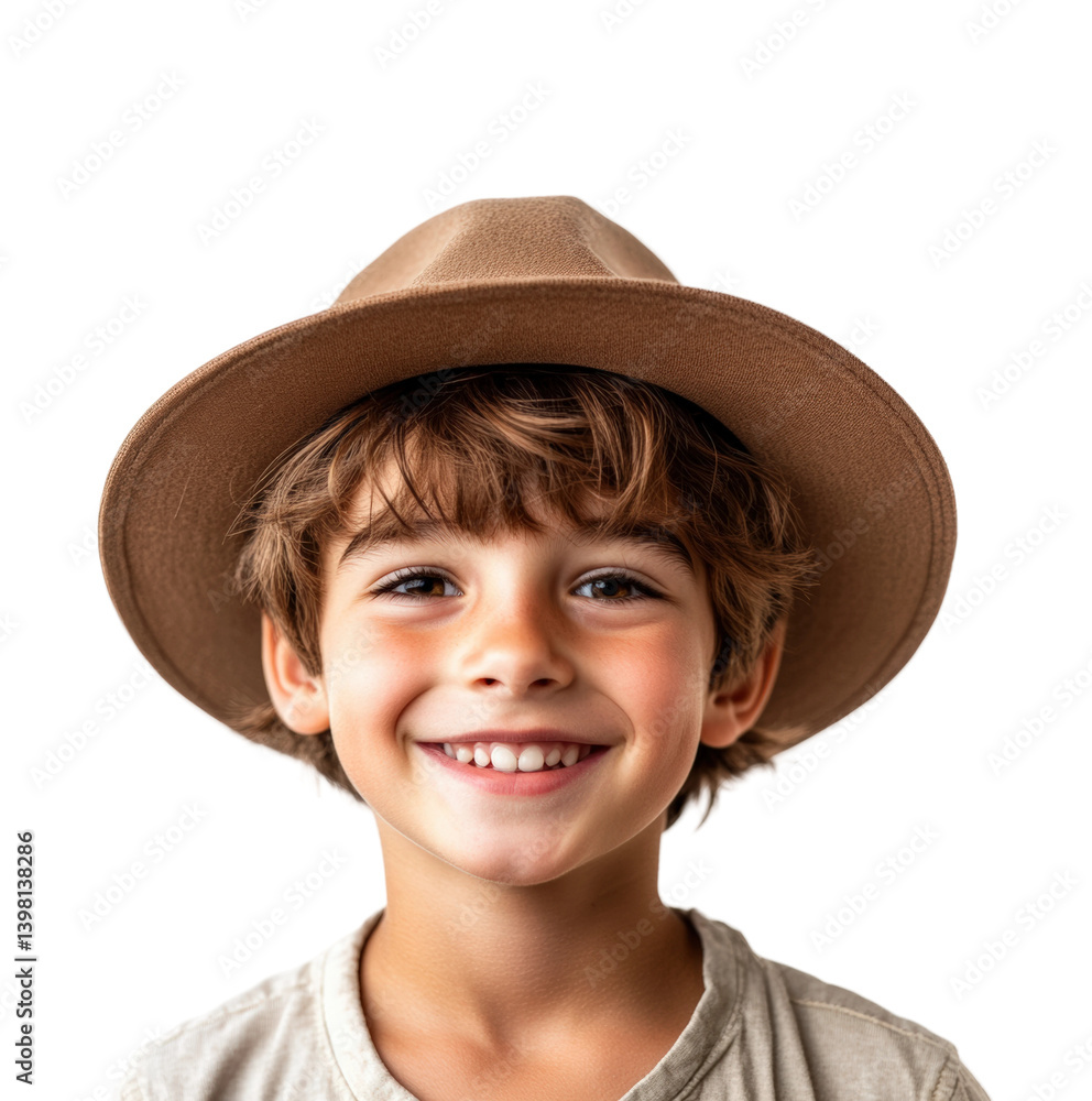 Child smiling in a brown hat portrait bright joyful expression isolated on transparent background png Child smiling in a brown hat portrait bright joyful expression isolated on transparent background png