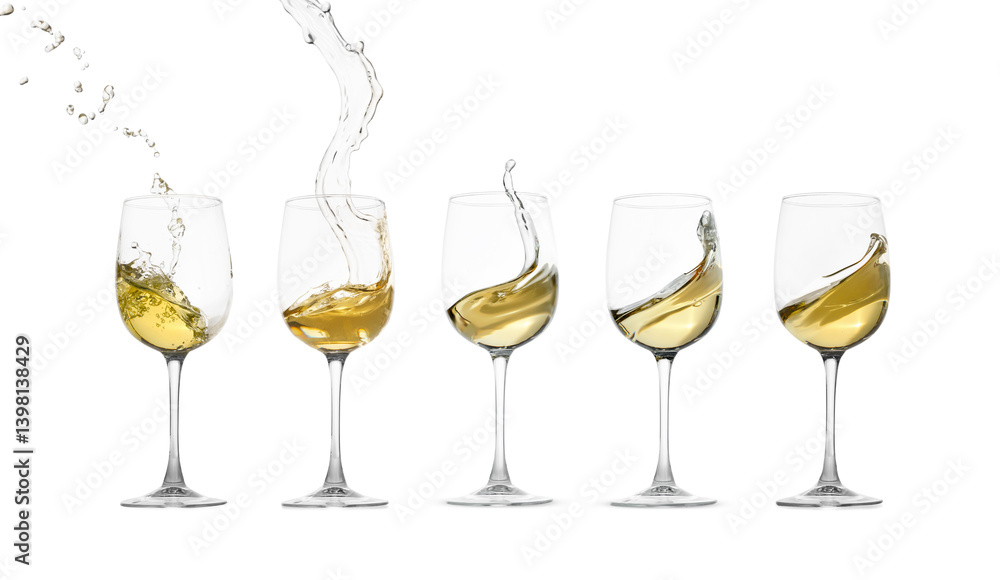 White wine splashing in glasses on white background, set White wine splashing in glasses on white background, set
