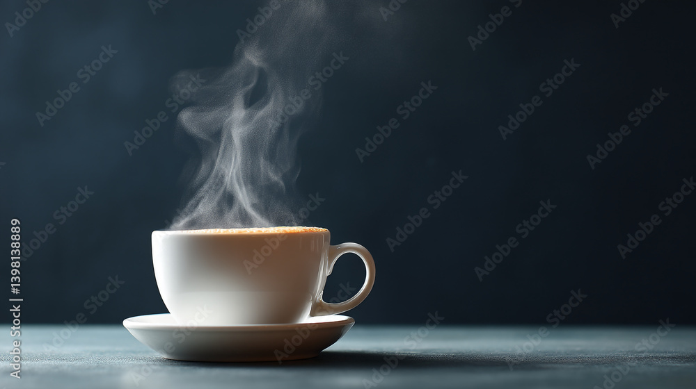 A steaming cup of coffee on a saucer against a dark background with rising wisps of vapor in the air A steaming cup of coffee on a saucer against a dark background with rising wisps of vapor in the air