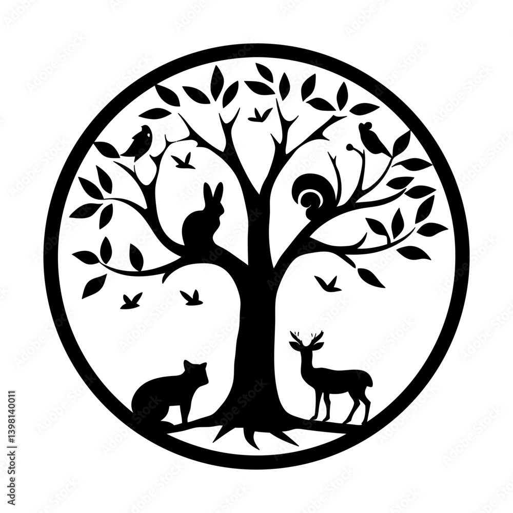 Fototapeta premium Circular Tree of Life with Animals Birds and Butterflies