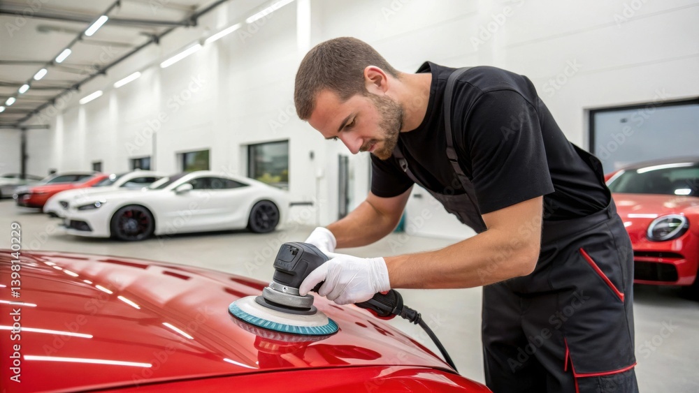 A mechanic polishes a red car in a modern garage filled with luxury vehicles. A mechanic polishes a red car in a modern garage filled with luxury vehicles.