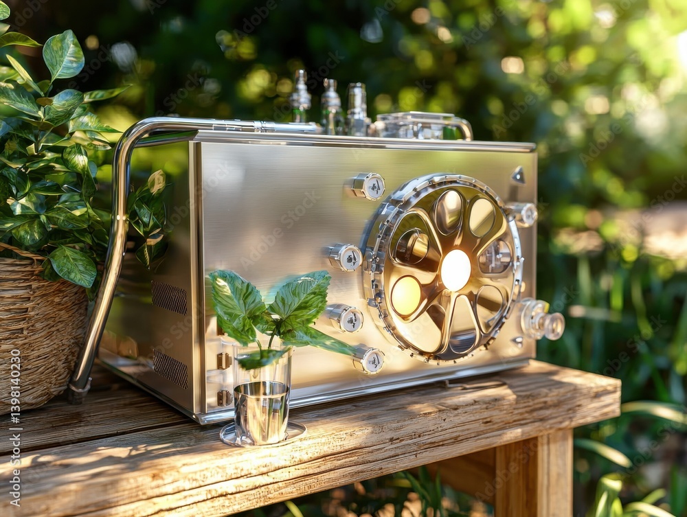 A modern therapy device next to fresh plants in a serene setting.