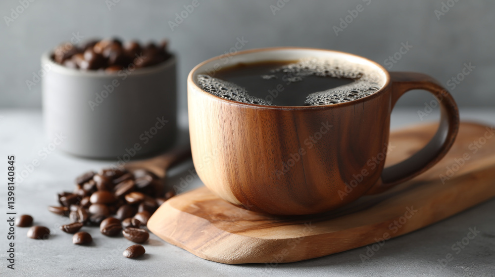 Fototapeta premium A wooden mug of black coffee with beans on a wooden board and in a gray container on a gray surface