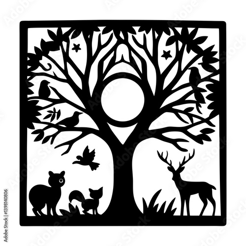 A Square Black and White Illustration of a Tree of Life with Animals and Birds