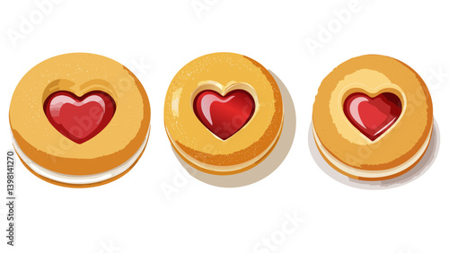 Round cookie with a bite taken out, featuring a red heart-shaped jelly center. Light golden brown crust with a soft texture. Glossy jam filling contrasts with the cookie’s matte surface.  