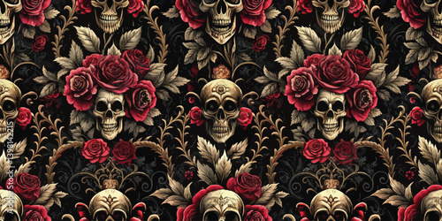 Intricate pattern featuring skulls and roses on a dark background.
