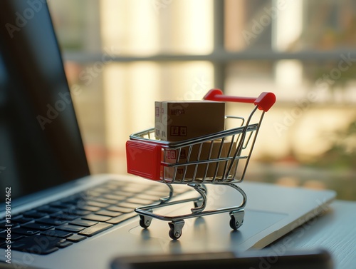 A miniature shopping cart with boxes inside stands on