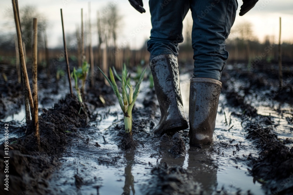 A farmer walks through a muddy field, planting young crops with care on a cloudy afternoon in a countryside setting Generative AI A farmer walks through a muddy field, planting young crops with care on a cloudy afternoon in a countryside setting Generative AI