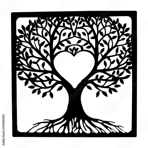 Black and White Heart Shaped Tree of Life Framed Illustration