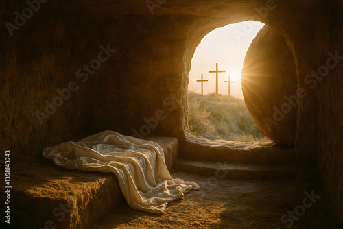 Empty Tomb with Crosses at Sunrise