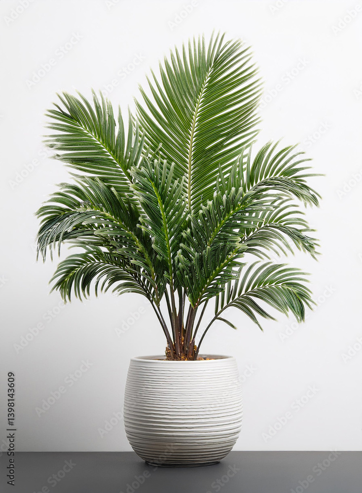 Fototapeta premium Palm tree isolated on white. A lush Sago Palm (Cycas revoluta) elegantly potted and presented against a clean, light background.
