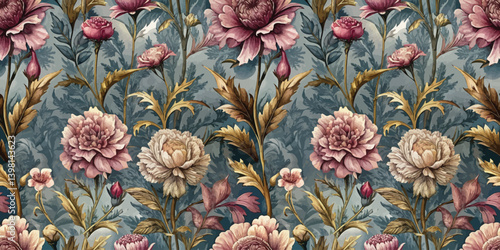 Elegant vintage floral pattern with pink and cream blossoms on a soft blue background.