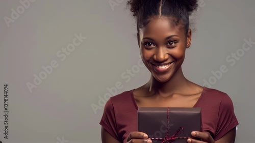 A joyful woman holds a dark-colored gift box, smiling with delight, creating a warm, happy atmosphere.
