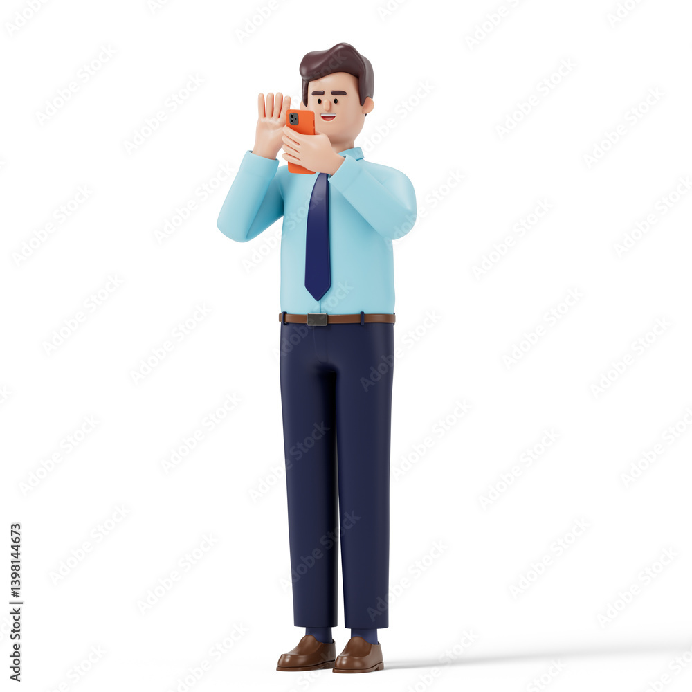 Man taking selfie, symbolizing self-promotion and digital connectivity. 3D rendering, conceptual image. Isolated on white background. Man taking selfie, symbolizing self-promotion and digital connectivity. 3D rendering, conceptual image. Isolated on white background.