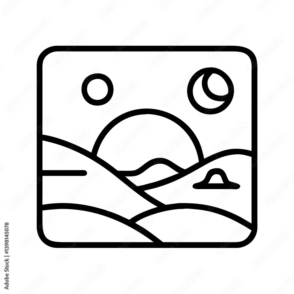 Desert landscape icon vector illustration, sun and moon, outline design graphic Desert landscape icon vector illustration, sun and moon, outline design graphic