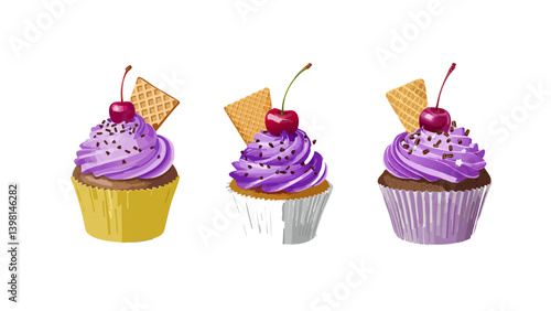 A hand-drawn digital illustration of a gourmet cupcake with vibrant purple frosting, decorated with chocolate sprinkles, a red cherry on top, and a wafer cookie.