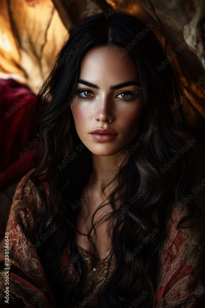 A cinematic, photorealistic portrait of Delilah from the Bible, a beautiful Middle Eastern woman with long dark wavy hair, seductive eyes, and elegant ancient clothing. A cinematic, photorealistic portrait of Delilah from the Bible, a beautiful Middle Eastern woman with long dark wavy hair, seductive eyes, and elegant ancient clothing.